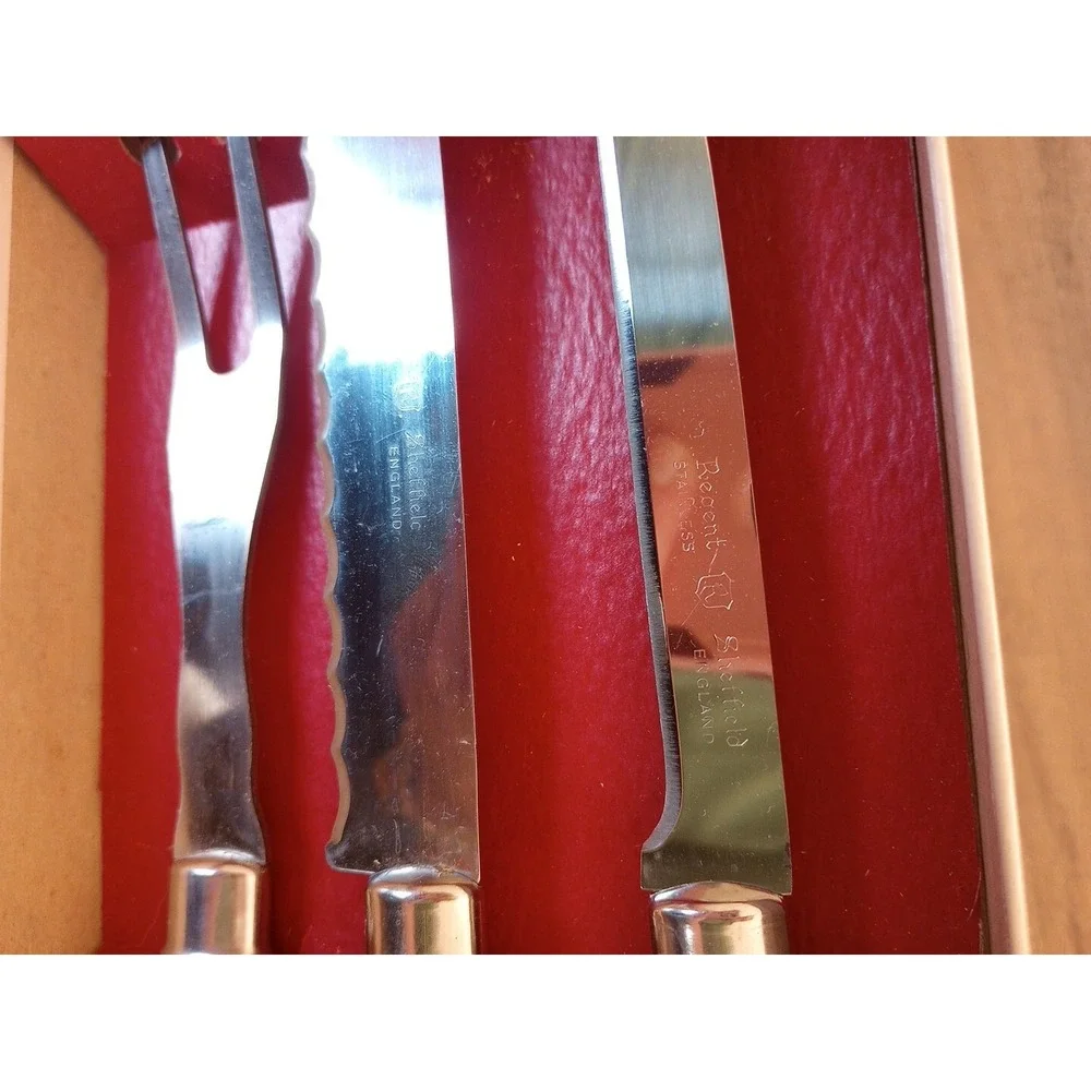 VTG Regent Sheffield England Stainless Blade/Brown Handles Cutlery Set 3Pc NIB